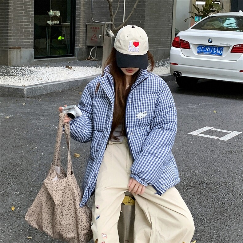加绒加厚立领棉衣千鸟条纹格字母刺绣棉服面包服手塞棉MY23P76,男装棉衣,星座1013-1