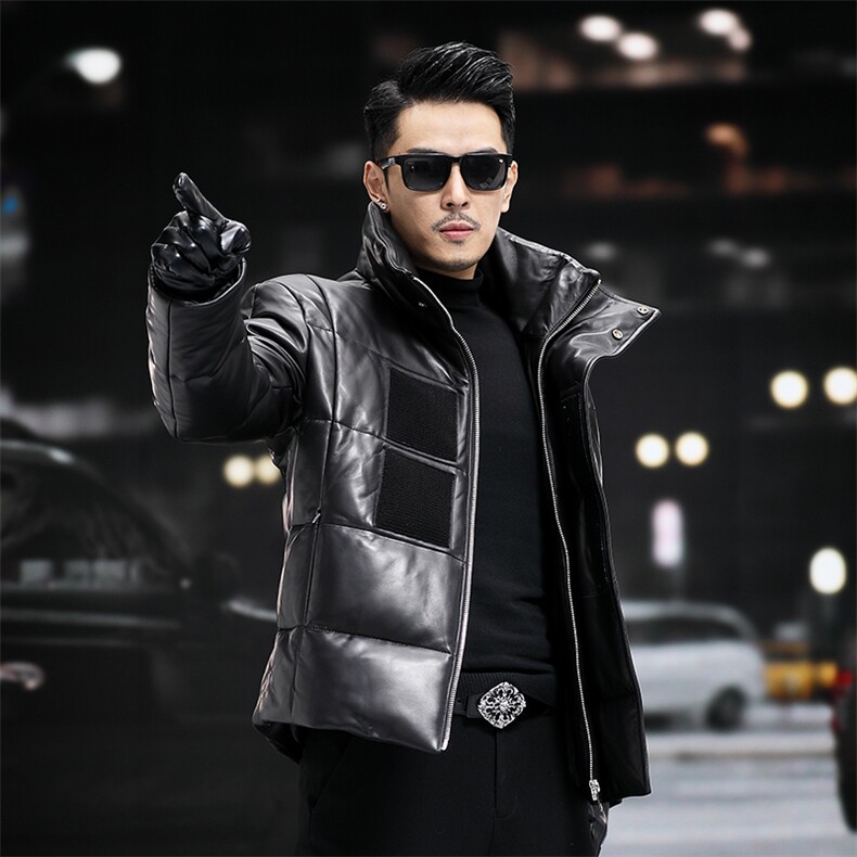 冬季新款海宁男士羽绒服立领绵羊皮外套机车夹克面包服P700图片