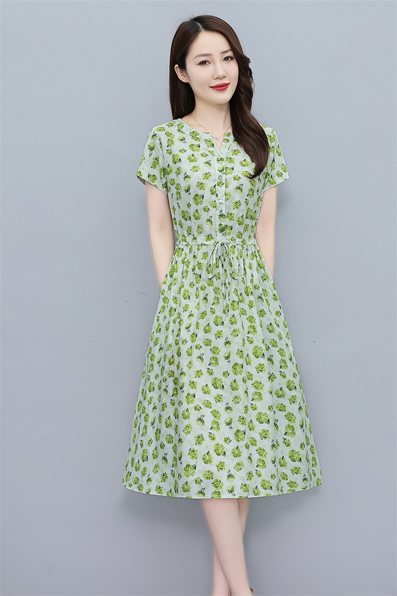 203夏季时尚简约百搭花色棉麻风短袖长款连衣裙,女装连衣裙,鑫思依格