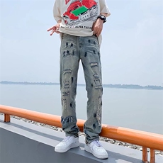美式复古破洞牛仔裤男潮做旧补丁拉链修身直筒休闲长裤N8101-P47，男装牛仔裤，星座1116A-1（原606A）