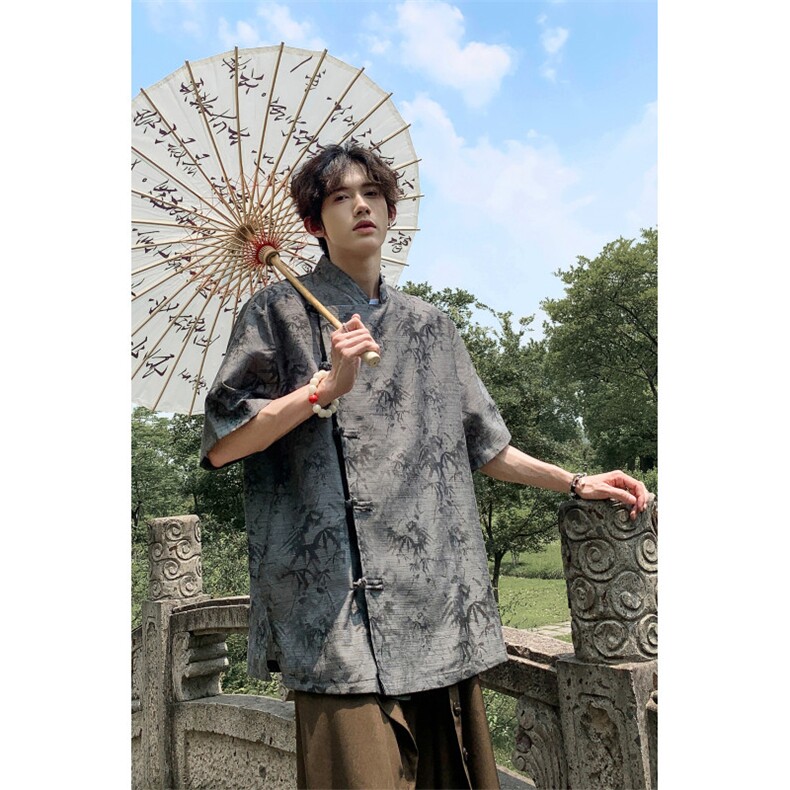 现货新中式风新款24夏季竹叶水印亚麻短袖上衣CS35-P65控88,男装T恤,电商A021