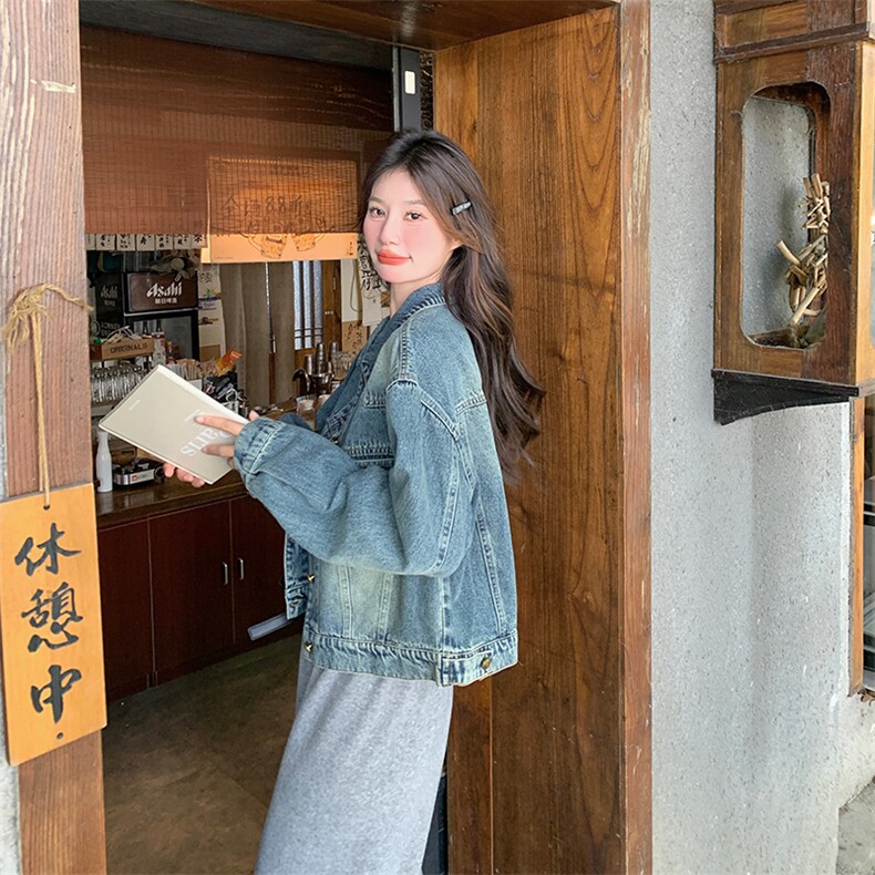 复古港风重工水洗短款牛仔外套女2024秋季新款时尚百搭设计感上衣,女装牛仔外套,纯色衣恋