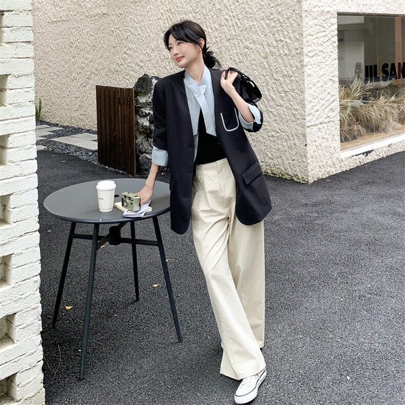 韩版韩系V领西服拼接单排扣西装学院风纽扣正装常规春秋气质长袖，女装西装，浙宝210（原浙宝191）