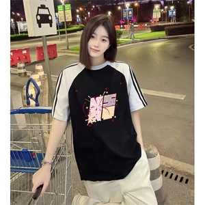 抖音得物品质二开240克宽松纯棉美式潮牌插肩三杠织带短袖T恤图片