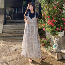 复古波西米亚慵懒风印花连衣裙套装女2025夏新款短袖吊带裙两件套，女装连衣裙，2C166