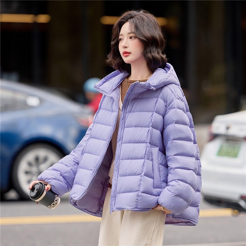 现货紫色排骨款泡芙羽绒服女宽松休闲连帽厚款冬季外套,女装羽绒服,梦懿尔