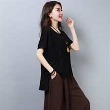 T恤圆领2021年夏季短袖中长款气质休闲时尚潮流拼接，女装T恤，雪樱依海