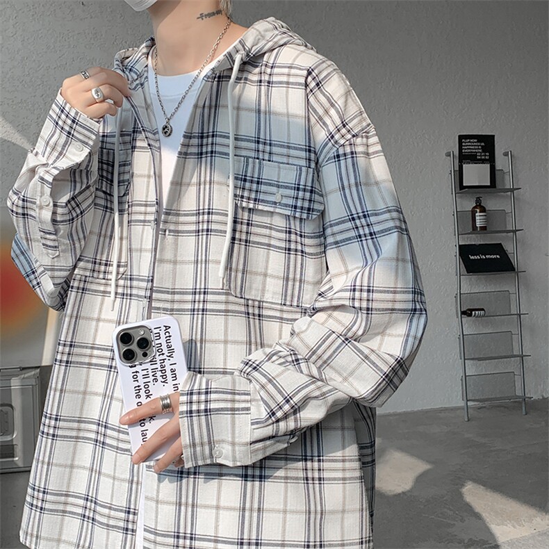 现货WY10106-特批48青春活力格子衬衫男女宽松潮流长袖连帽开衫,男装衬衫,电商A059