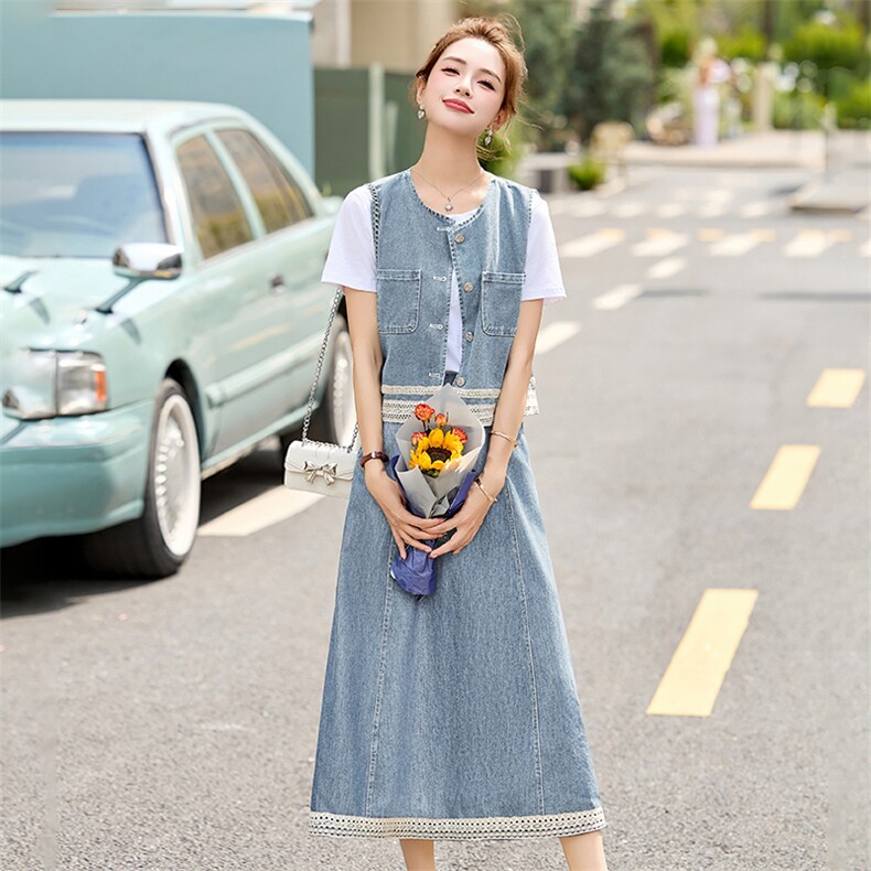 时尚蕾丝拼接牛仔马甲套装女2025年夏季新款洋气减龄半裙三件套,女装套装/套裙,贵人树