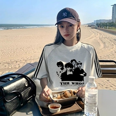 抖音得物品质二开240克宽松纯棉美式潮牌印花三条杠中性风短袖T恤，男装T恤，电商A486-1