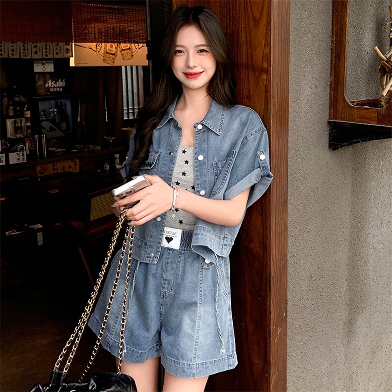 夏季新款时尚气质休闲简约个性百搭舒适牛仔两件套,女装套装/套裙,纯色衣恋