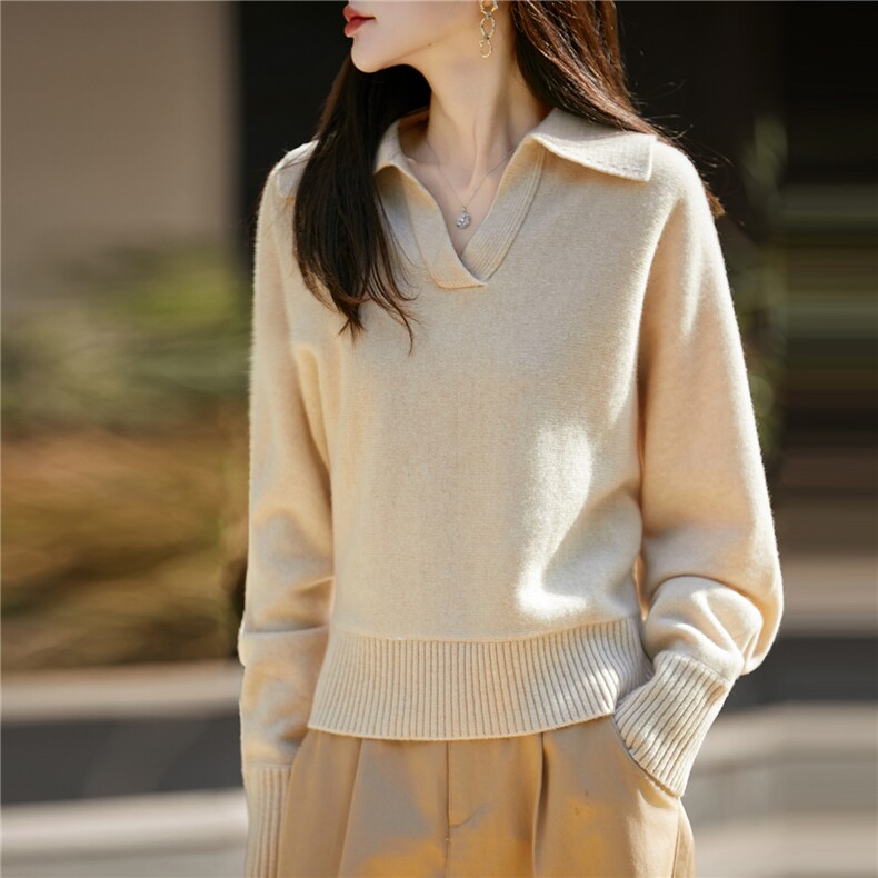 2025秋冬新款polo领套头蝙蝠袖纯羊毛衫女韩版气质针织翻领毛衣，女装羊毛衫，优麦羊绒（原洪叶羊绒）