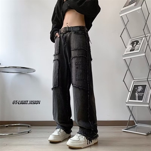 高街hiphop潮牌牛仔裤男解构拼接长裤子毛边阔腿直筒裤N1738-p50图片