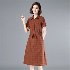 棉麻中长裙时尚2021夏季新款纯色格子边可收束松紧腰修身连衣裙女，女装连衣裙，涵誉
