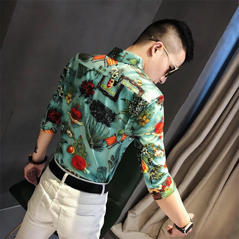 夏季男士七分袖印花衬衫男休闲修身碎花衬衣A236-1989-P55,男装衬衫,电商A236