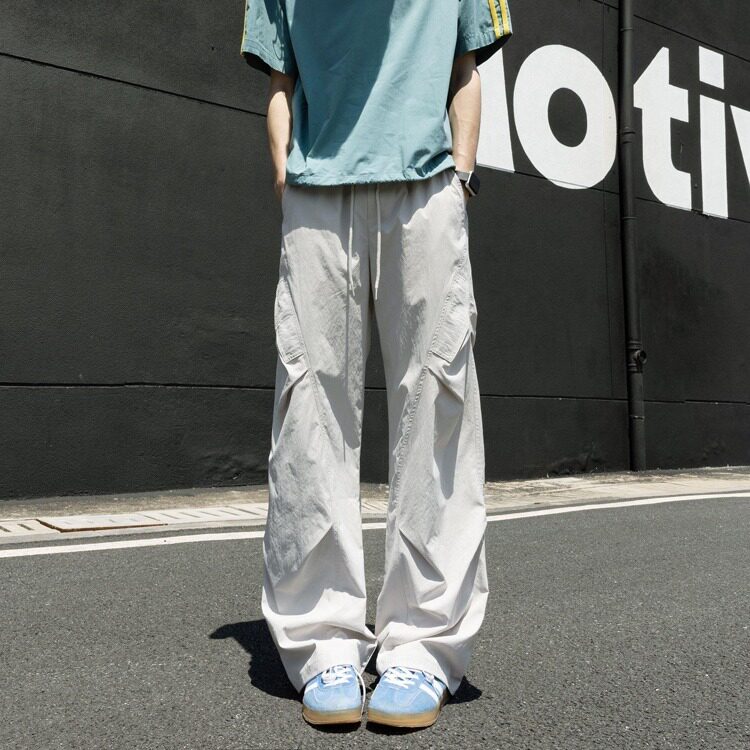 复古潮牌直筒伞兵裤夏季情侣宽松薄款褶皱潮流工装裤男XSQ87，男装工装外套，星座208-5