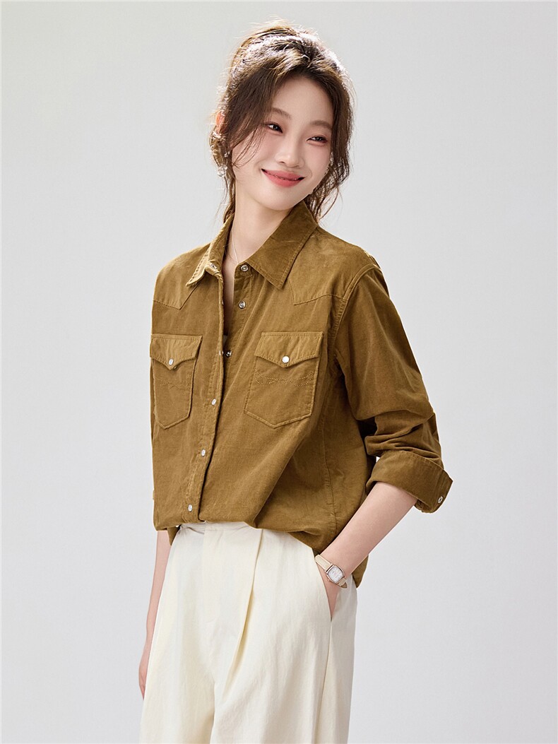 2026早春新款百搭灯芯绒衬衫外套女宽松休闲复古衬衣港风慵懒风,女装衬衫,艾米