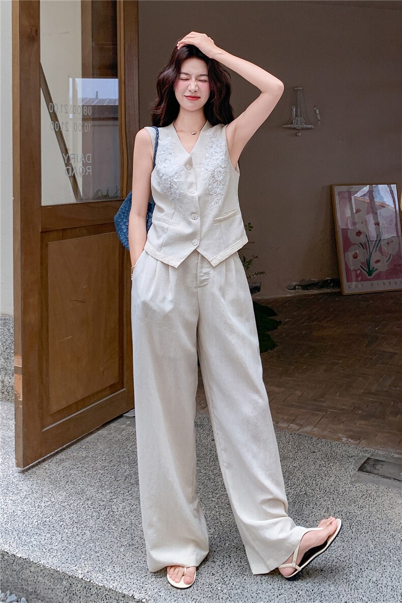 简约老钱风重工刺绣马甲阔腿裤套装女2026夏季显瘦超好看一整套,女装套装/套裙,流量+