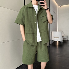 夏季套装男高品潮牌五分袖衬衫短裤大码两件套DSA157B-C73-P80，男装衬衫，电商A157B