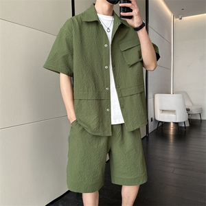 夏季套装男高品潮牌五分袖衬衫短裤大码两件套DSA157B-C73-P80图片