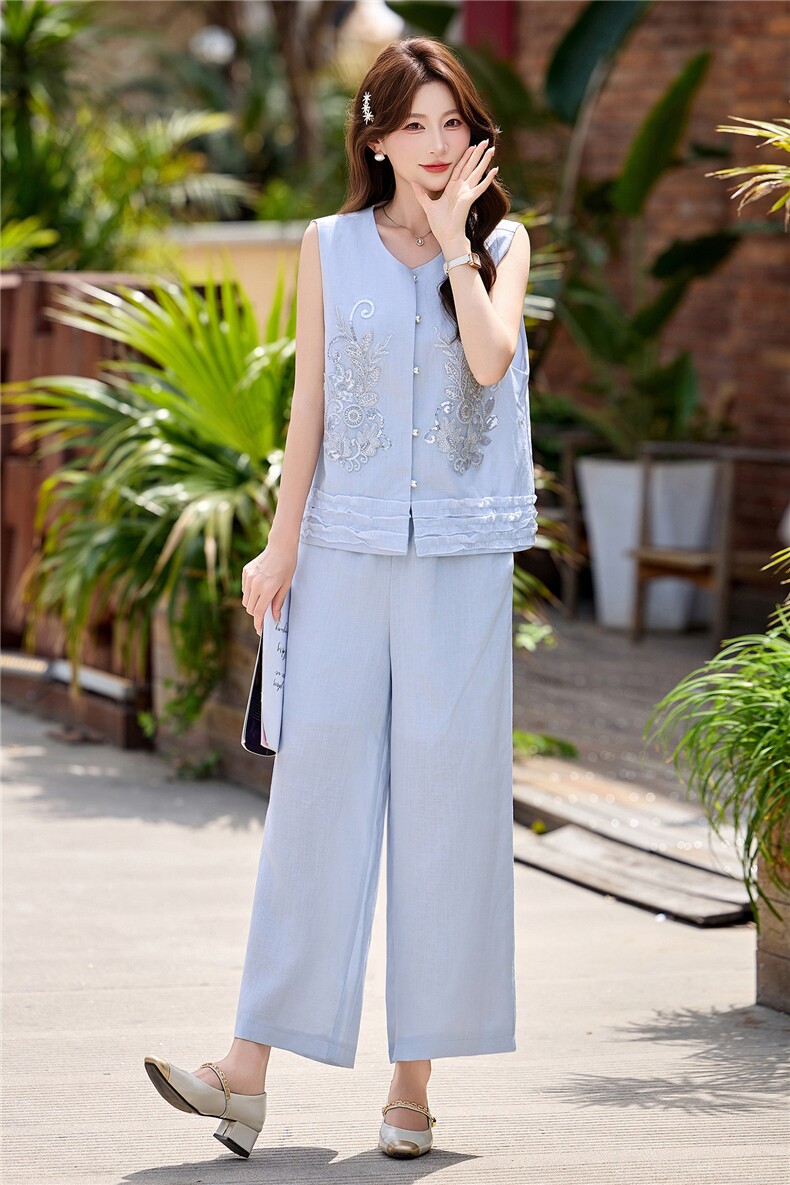 现货重工艺套装2026年夏季新款女装时尚气质无袖马甲阔腿裤两件套,女装套装/套裙,韩美纤衣