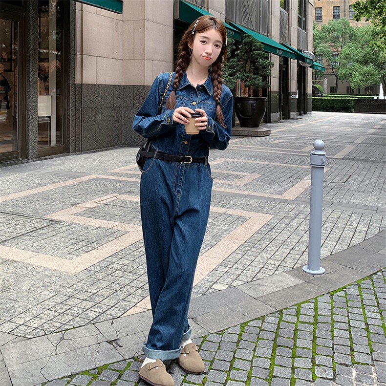 港风蓝色复古牛仔连体裤女2025春秋季新款韩版高腰休闲显瘦连衣裤,女装连体裤,新思路