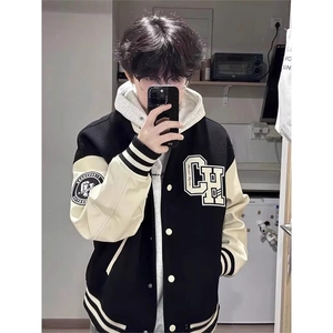 美式复古字母印花棒球服外套撞色拼接夹克 JK12 特P55图片
