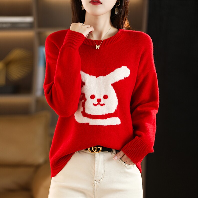 时尚可爱兔子图案羊毛衫女宽松显瘦百搭休闲毛衣,女装羊毛衫,丽特绒