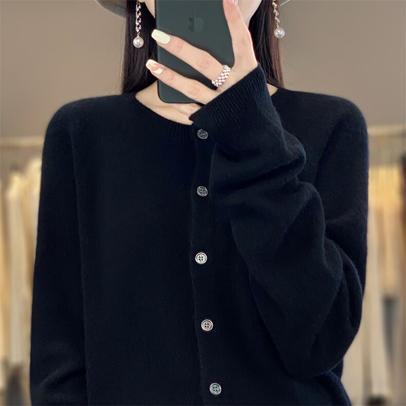 新款羊毛一线成衣圆领短开衫外套针织毛衣长袖DYDM019,女装羊毛衫,北娇羊绒