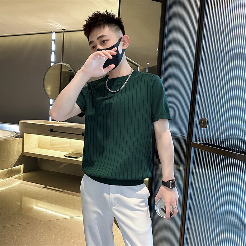 夏季短袖T恤圆领针织半袖坑条上衣纯色冰丝休闲上衣T0268-P50,男装T恤,电商D342