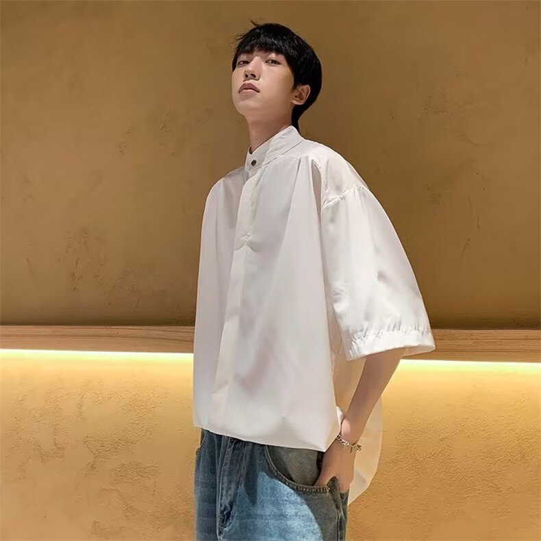 新中式风衬衫男短袖立领高级感垂感灰色冰丝衬衣CS330-P35,男装衬衫,星座1109-3