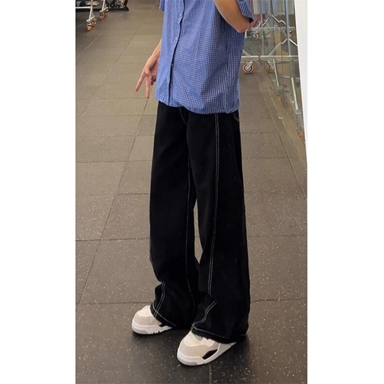 设计感辑明线轮廓设计黑色牛仔裤男女同款阔腿直筒裤N437,男装牛仔裤,星座1116A（原606A-3）