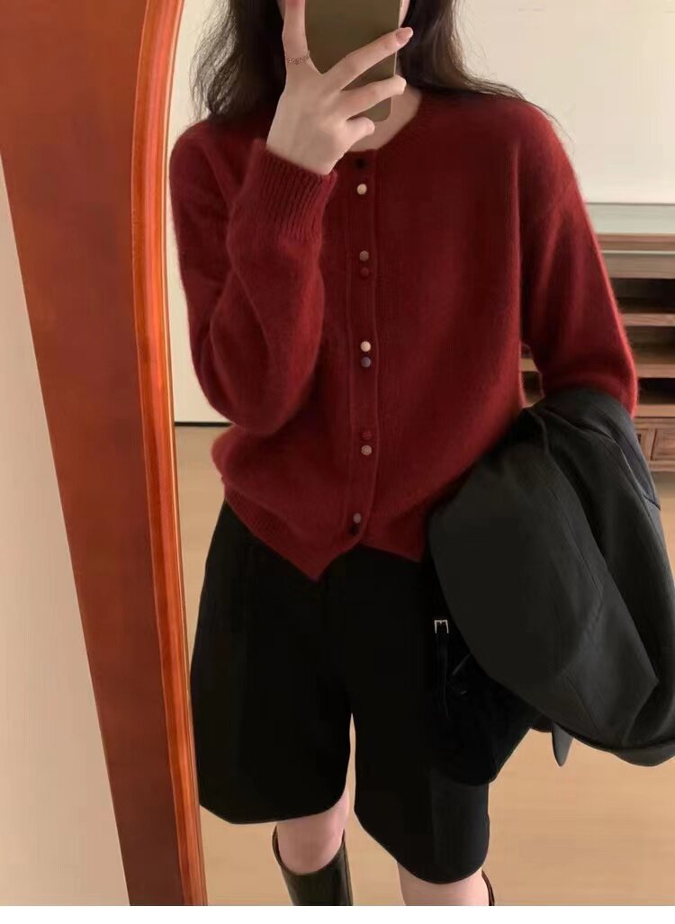 2025新款红色开衫女美丽诺羊毛衫女欧货高端圆领针织毛衣外套,女装羊毛衫,隆格羊绒