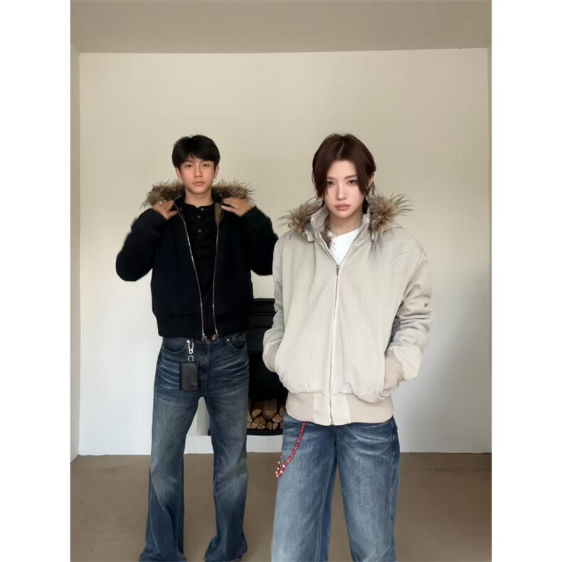 座山狮银狐夹克外套男款冬季加绒加厚美式cleanfit连帽座山雕棉服图片