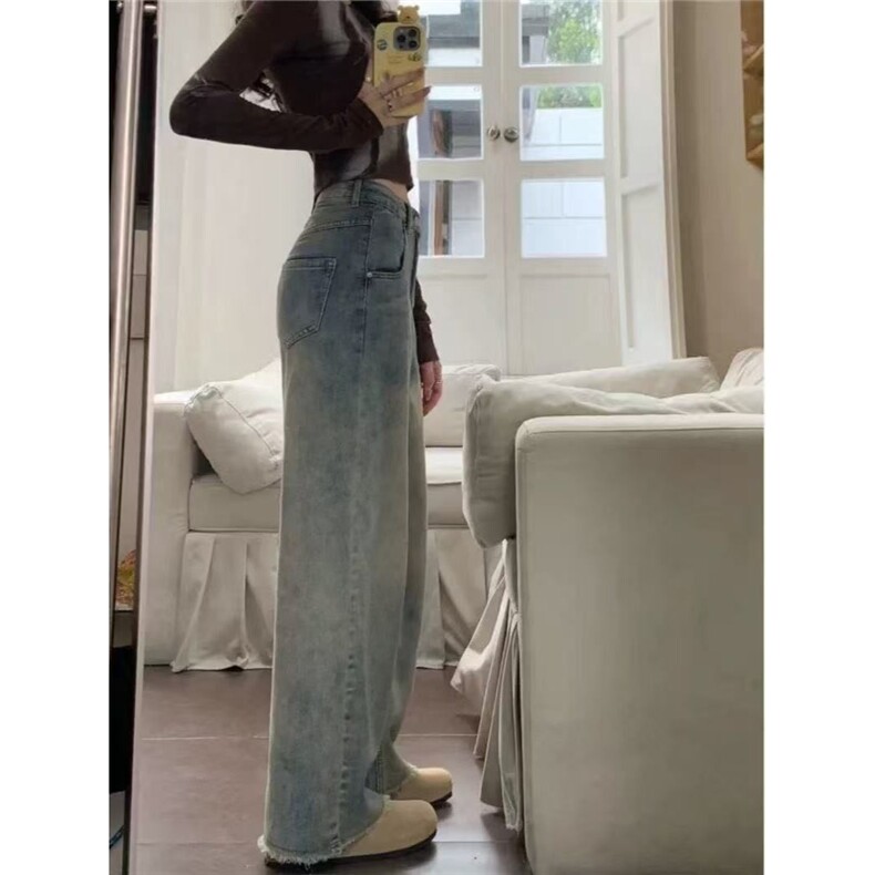美式慵懒风加绒加厚高腰牛仔裤女秋冬2026年阔腿毛边显瘦直筒裤子,男装牛仔裤,星座506A
