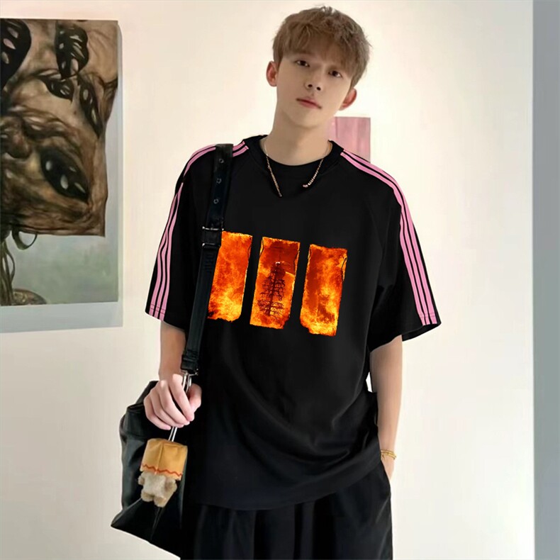 抖音得物品质二开240克宽松纯棉美式潮牌印花三条杠中性风短袖T恤,男装T恤,电商A486