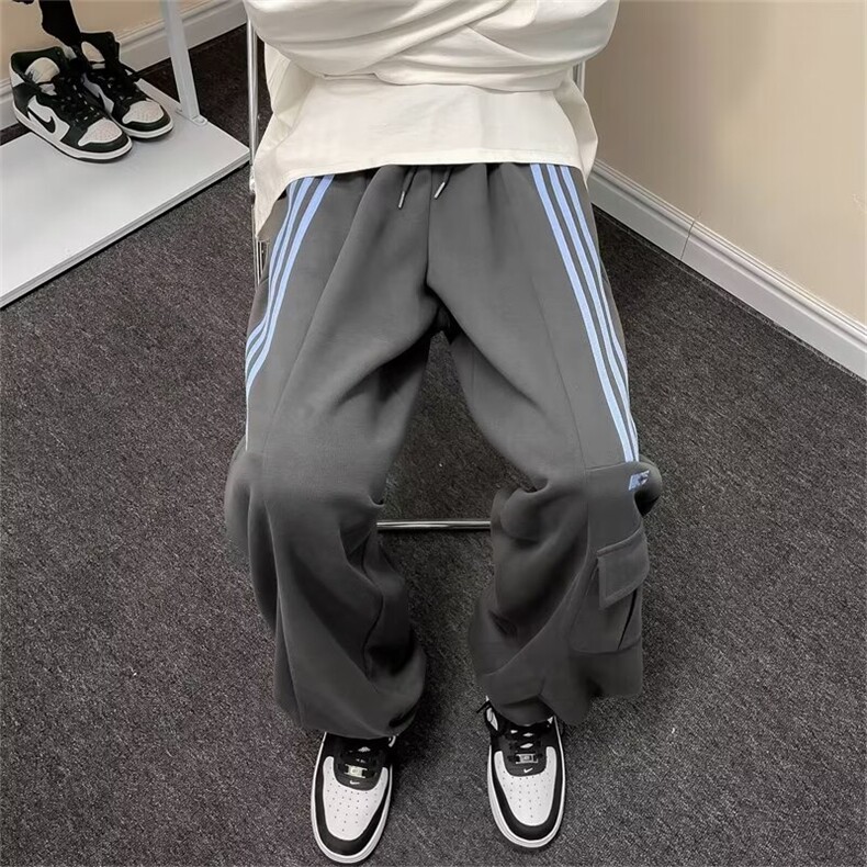 设计感条纹工装裤男秋冬美式复古休闲运动卫裤高腰宽松阔腿裤P40,男装休闲裤,四季星座218-1