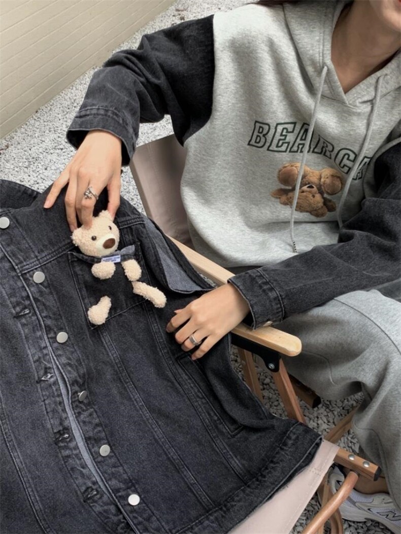 连帽印花卫衣袖子拼接牛仔，女装卫衣/绒衫，里奈(1F)