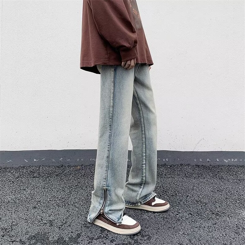 侧边拉链微喇牛仔裤男水洗痞帅美式高街潮牌直筒长裤N031-P42,男装牛仔裤,星座1001-1