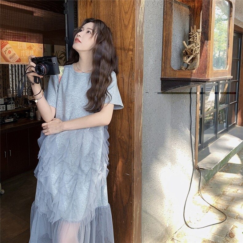 灰色网纱拼接连衣裙女2025夏季新款设计感小众宽松小个子T恤裙潮,女装连衣裙,2C176