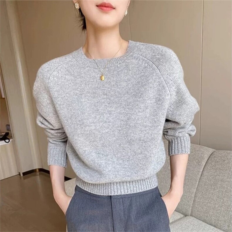 时尚百搭女士圆领羊毛衫简约纯色宽松显瘦毛衣,女装羊毛衫,泰沅羊绒