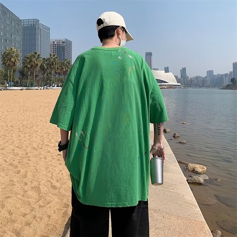 2023春夏季新款男纯棉水洗做旧涂鸦喷金五分袖BE10P38,男装T恤,星座1116-2