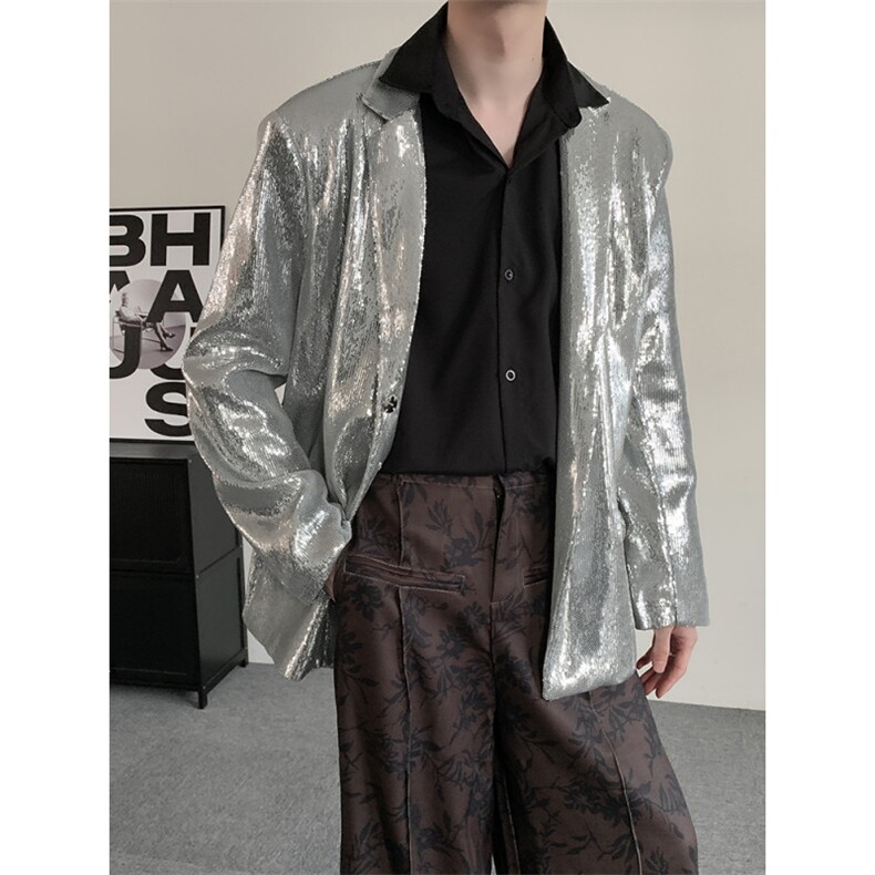 结婚登记明星同款舞台演出服银色闪闪亮片西装外套男女歌手男礼服,男装西服套装,星座909