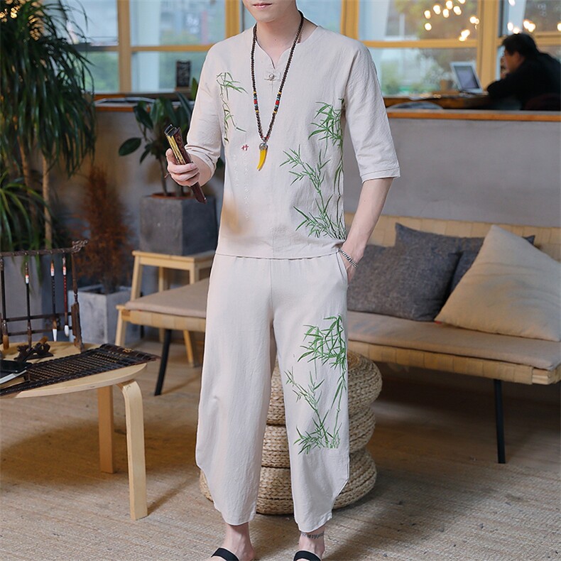 夏季中国风亚麻套装男士大码棉麻唐装汉服禅服短袖两件套HS01-P45,男装T恤,星座509