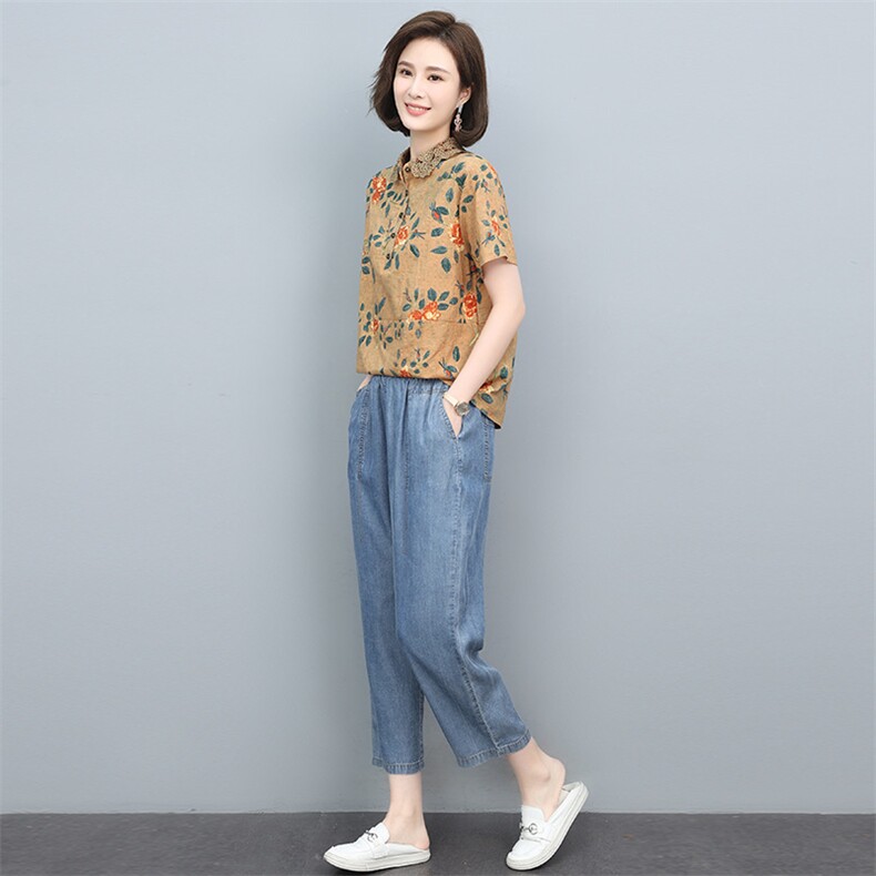 孔雀飞飞夏装新款韩版大码遮肉复古印花两件套棉麻亚麻女高端套装,女装套装/套裙,依恋蒂丝