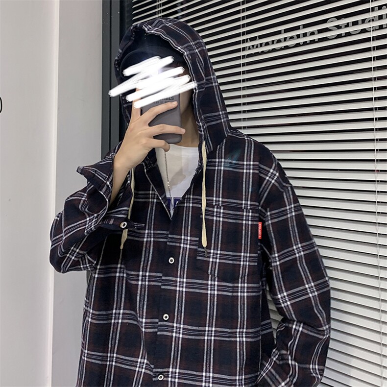 2021秋季新款港风百搭潮流大码男休闲连帽格子衬衫C526-P45,男装衬衫,电商A001