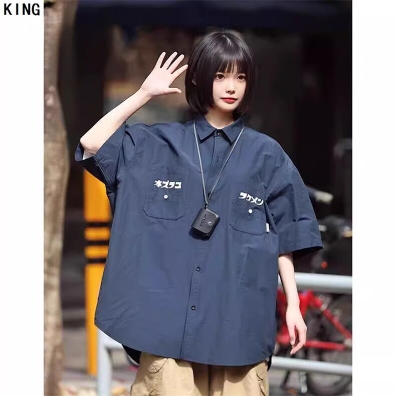 单件日系复古短袖衬衫男女大口袋日系工装五分裤夏季套装,男装牛仔裤,星座1210-1