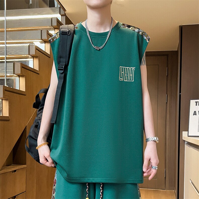 菠萝格刺绣背心男夏季无袖T恤上衣潮男士体恤拼接A266-BX022-P18，男装T恤，电商A266