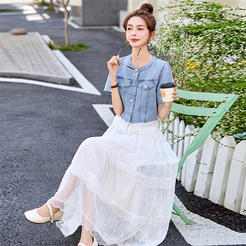韩系穿搭一整套夏季新款绝美超仙高级感短袖牛仔上衣半身裙两件套,女装套装/套裙,丽美静依