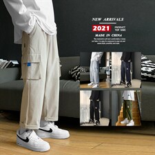 2021港风九分裤子男潮流宽松运动休闲裤直筒工装裤5106-特批30,男装休闲裤,星座718-1